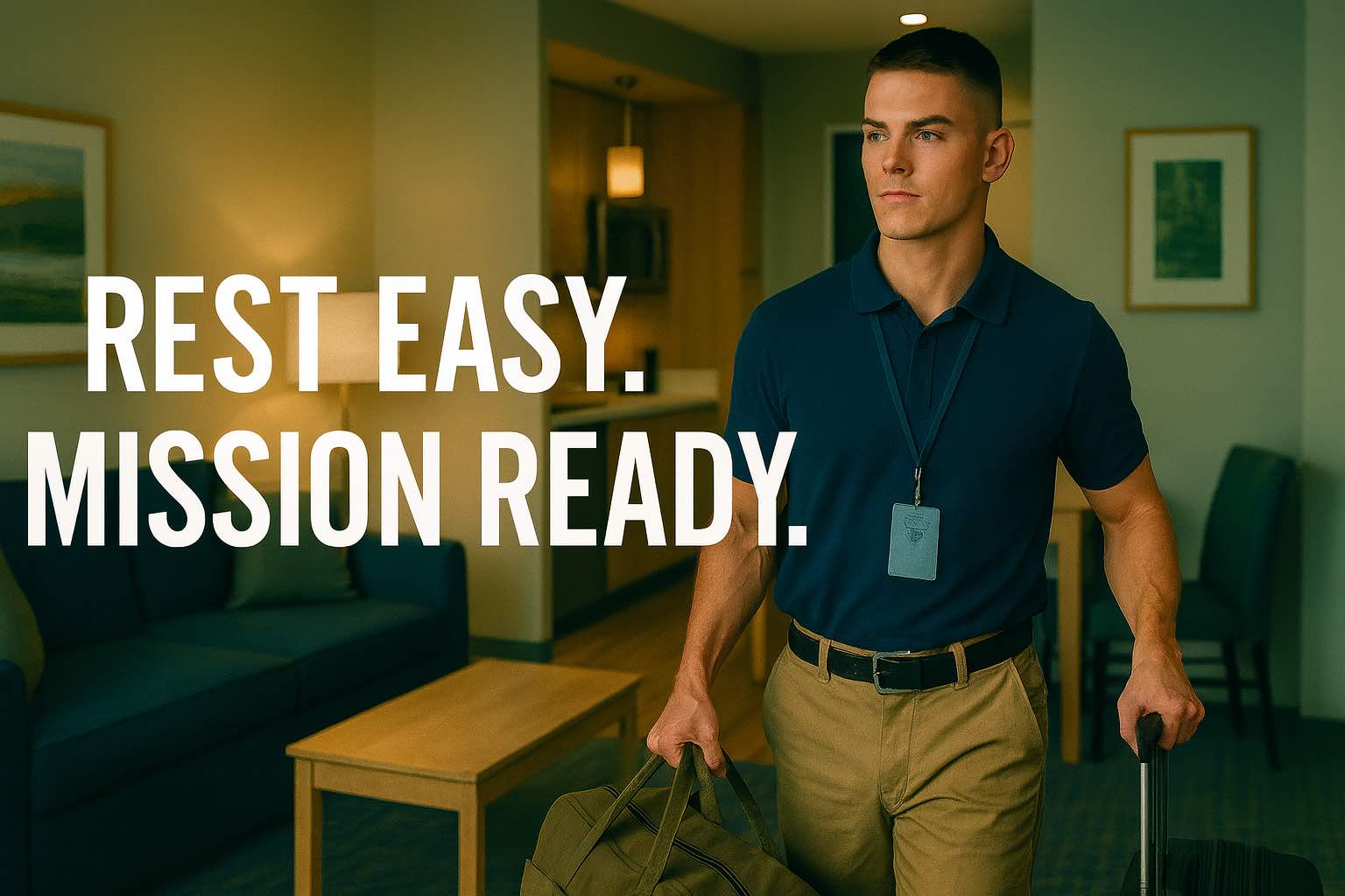 Government traveler with ID lanyard arriving at a modern furnished suite, navy and muted green accents. Visual message: Rest Easy. Mission Ready.