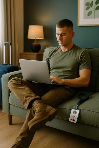 Government traveler seated on a comfortable sofa with a laptop, suitcase nearby, in a safe modern space. Navy and muted green accents reinforce GovLodge brand comfort and credibility.